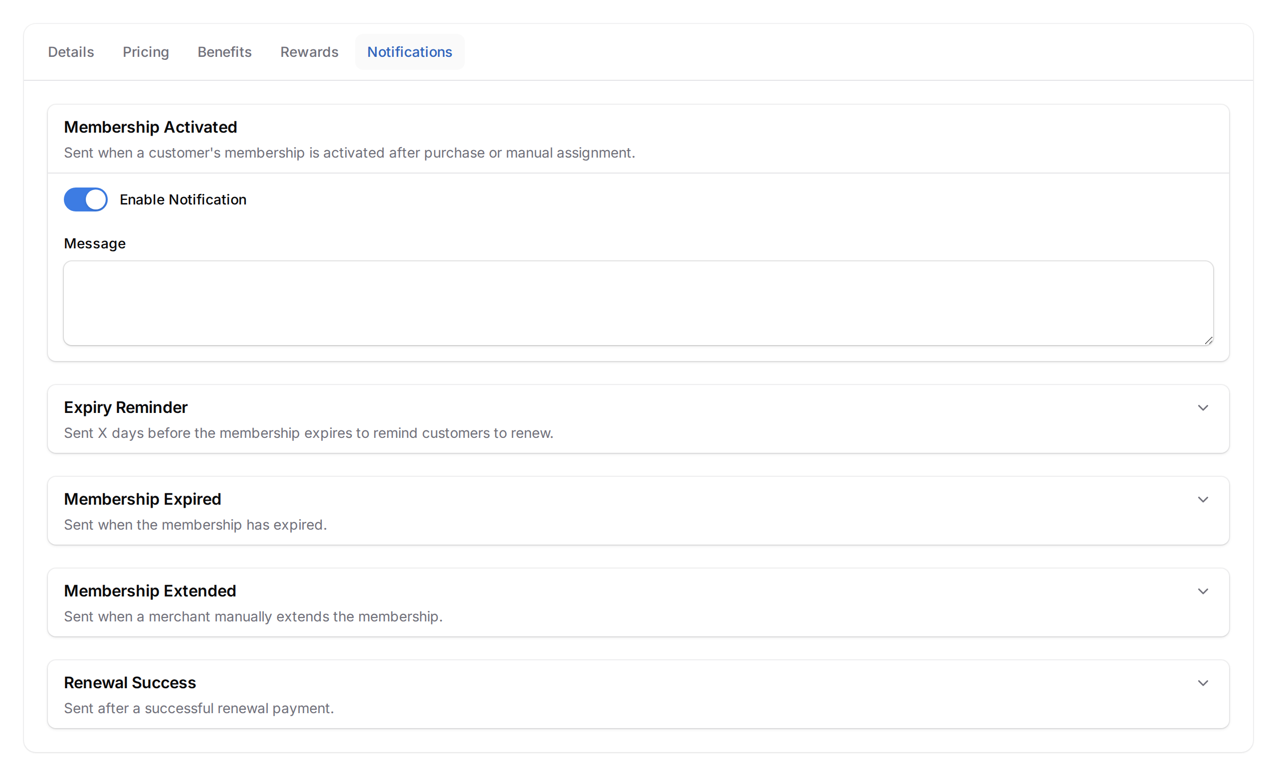 Notifications tab showing five collapsible sections — Membership Activated, Expiry Reminder, Membership Expired, Membership Extended, and Renewal Success — with the Membership Activated section expanded