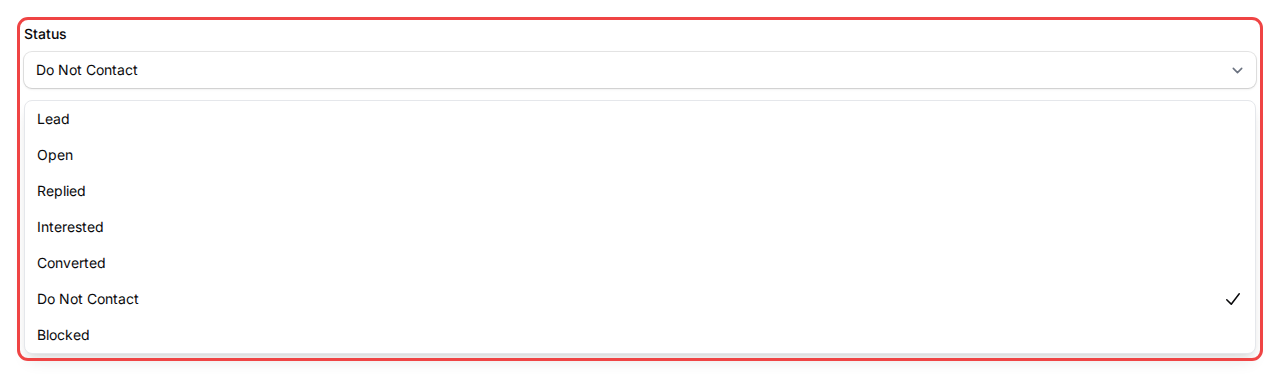 The Status dropdown on a customer record showing Do Not Contact and Open