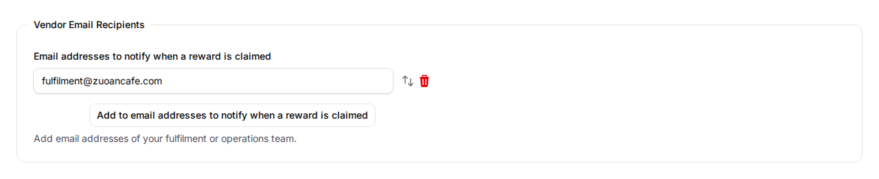 The Vendor Email Recipients field with a team email address added