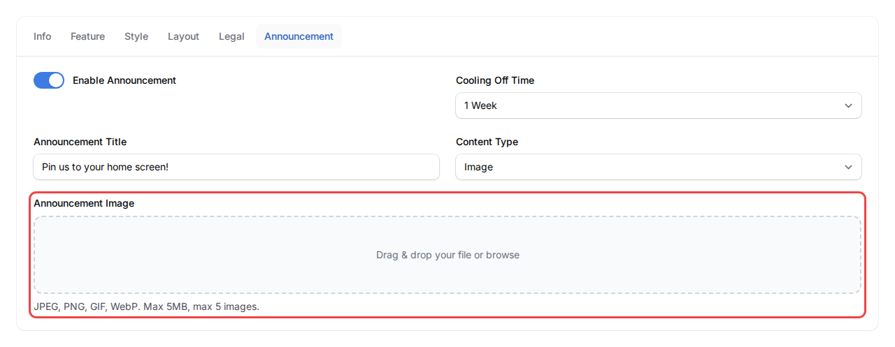 Announcement Image upload area highlighted, with helper text JPEG PNG GIF WebP Max 5MB max 5 images