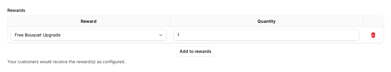 Automations tab showing the Rewards Assignment table with a reward selected and quantity set to one