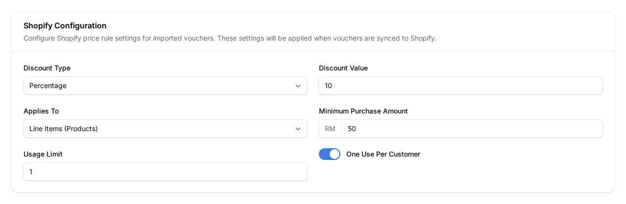 Shopify Configuration form with Discount Type set to Percentage, Discount Value 10, Applies To Line Items, Minimum Purchase Amount RM 50, Usage Limit 1, and One Use Per Customer enabled