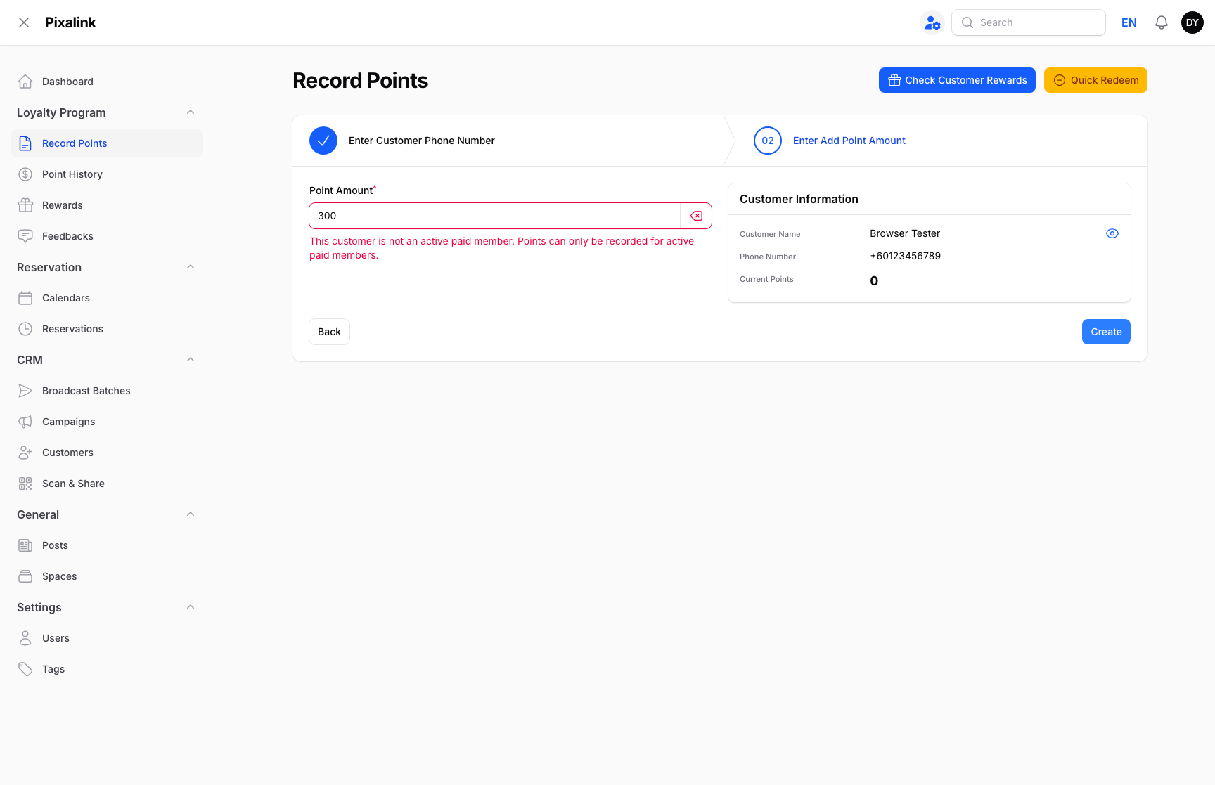 Record Points page in Block mode showing the error that the customer is not an active paid member