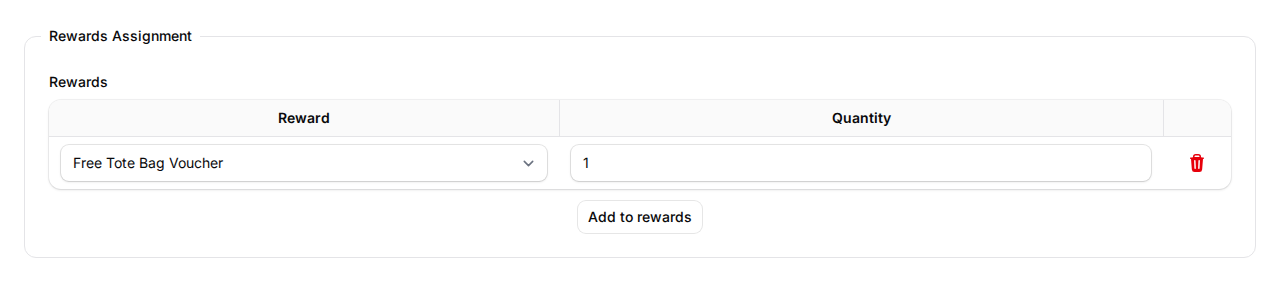 Automations tab showing the Rewards Assignment table with the event voucher selected and quantity set to one