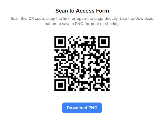 Scan to Access Form modal showing the form QR code and a Download PNG button