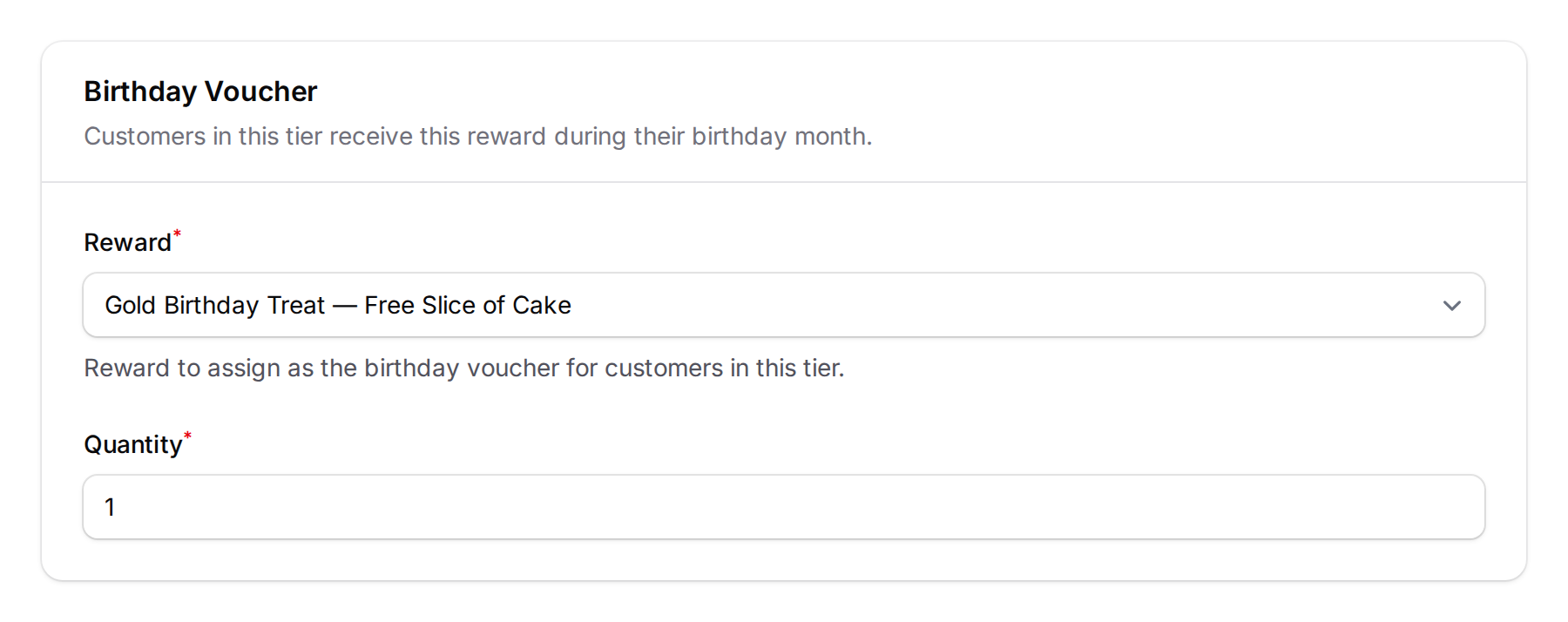 The Birthday Voucher block with the Reward select and Quantity set to 1