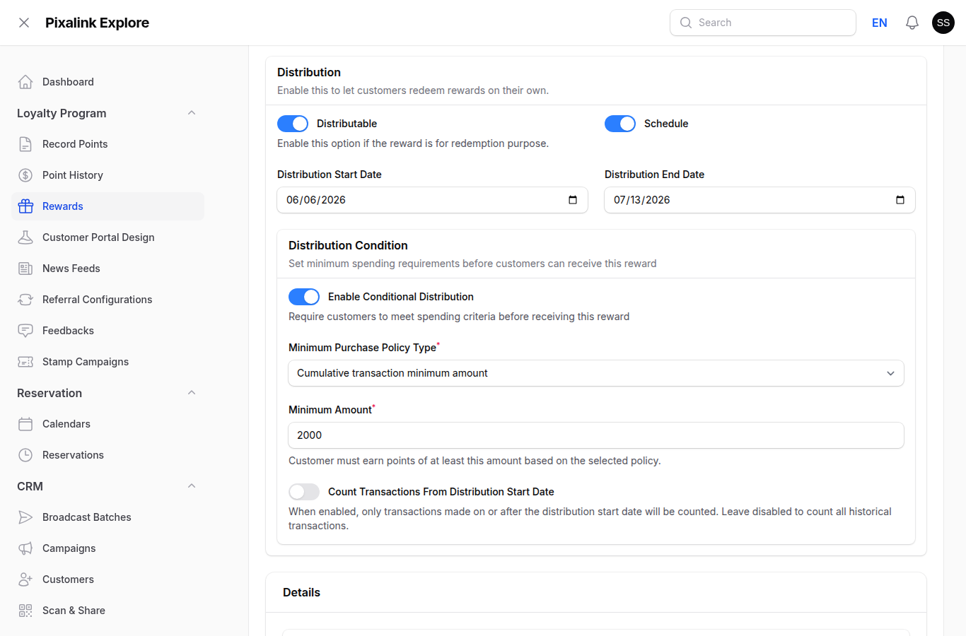Reward Settings tab showing Distributable toggle on and Distribution Condition with Enable Conditional Distribution on, Minimum Purchase Policy Type set to Cumulative transaction minimum amount, and Minimum Amount 2000