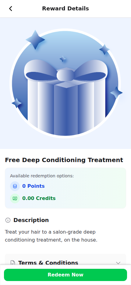 Customer portal reward page after the spending condition is met, showing a green Redeem Now button that the customer must tap to claim the reward