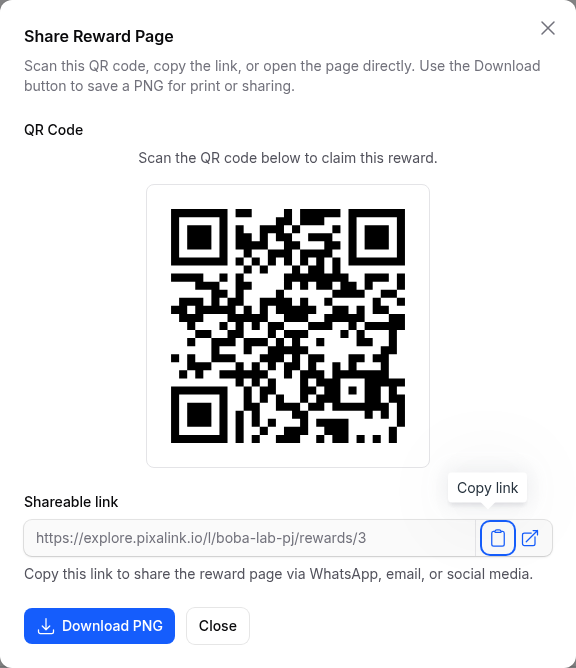 Share Reward Page window showing the QR code, the shareable link with a copy button, and the Download PNG button