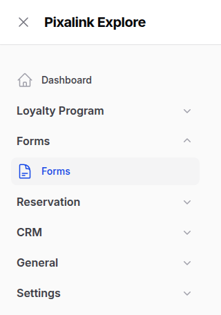Pixalink admin sidebar with the Forms group expanded and the Forms item highlighted