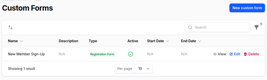 Custom Forms list showing a registration form switched on with View, Edit and Delete actions