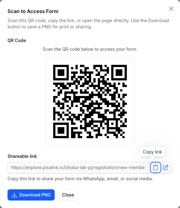 Scan to Access Form window showing the QR code, the shareable link with a copy button, and the Download PNG button