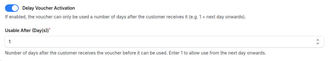 Reward Settings tab with the Delay Voucher Activation toggle switched on and Usable After set to 1 day