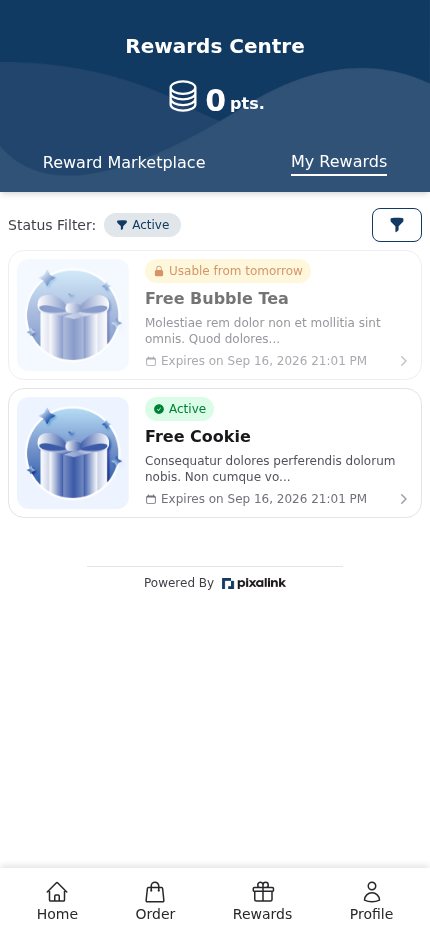 Customer My Rewards list showing one voucher marked Usable from tomorrow and another marked Active