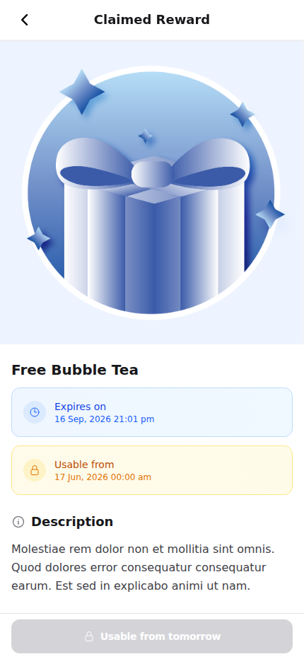 Claimed reward page showing a Usable from date box and a disabled Usable from tomorrow button
