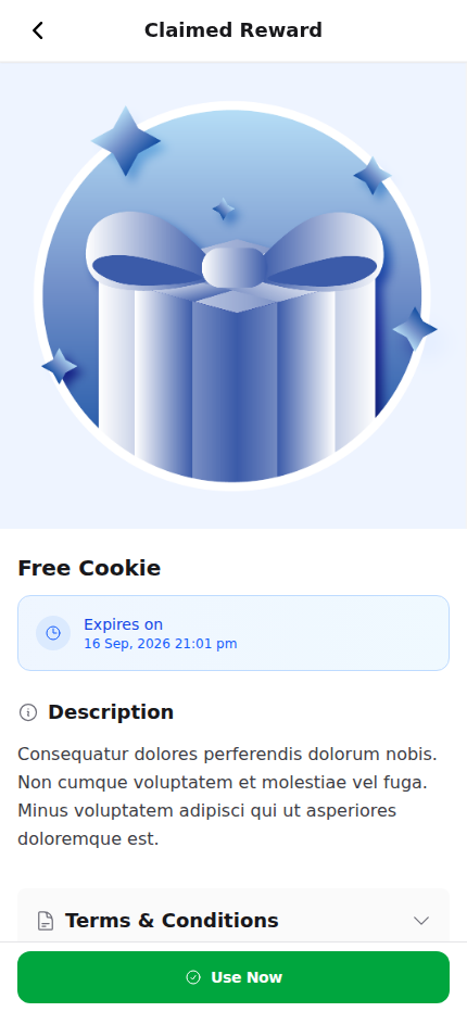 Claimed reward page with no delay notice and an enabled green Use Now button
