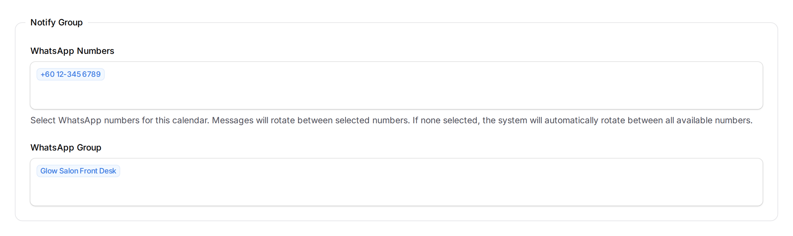 The Notify Group section showing WhatsApp Numbers and WhatsApp Group selectors with a group selected