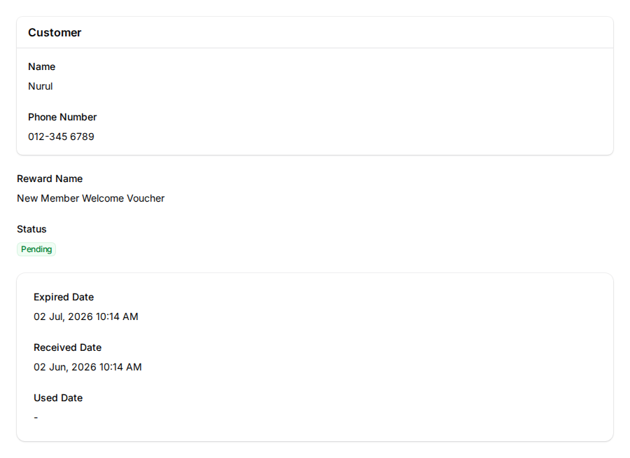 Customer reward detail view showing customer name, reward name, Pending status, received and expiry dates