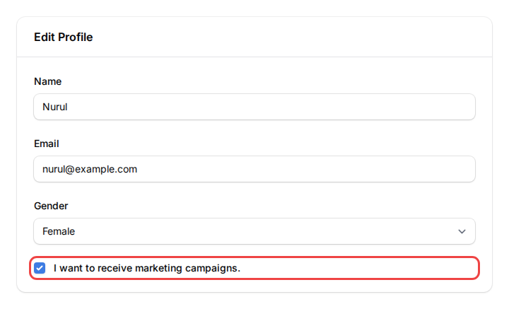 Customer portal Edit Profile page with the I want to receive marketing campaigns checkbox highlighted and ticked