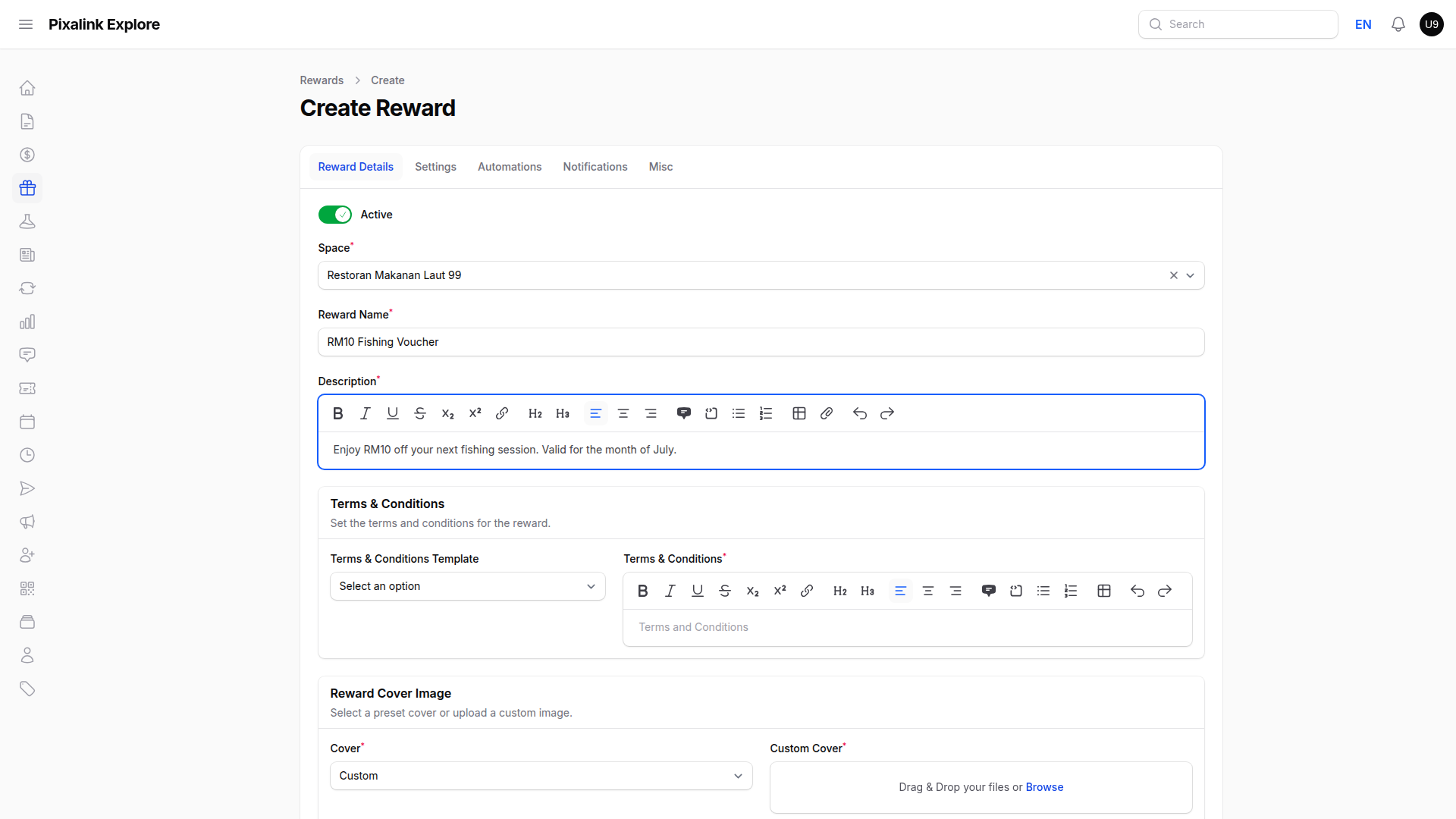 Create Reward page, Reward Details tab, with Active on, Reward Name RM10 Fishing Voucher, and a description filled in