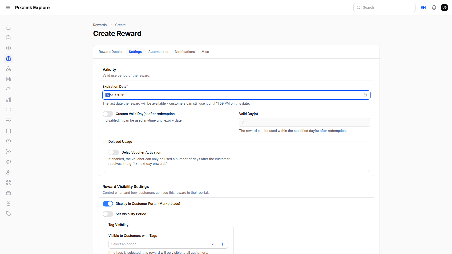 Create Reward page, Settings tab, Validity section with Expiration Date set to 31 July 2026