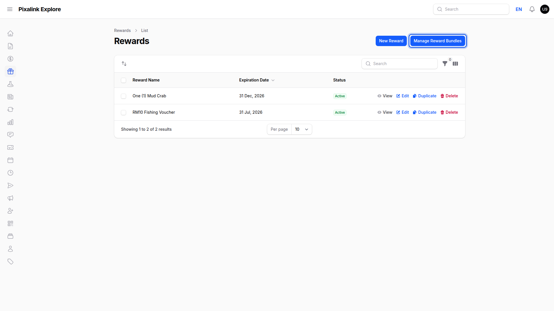Rewards list page with the Manage Reward Bundles button highlighted at the top right