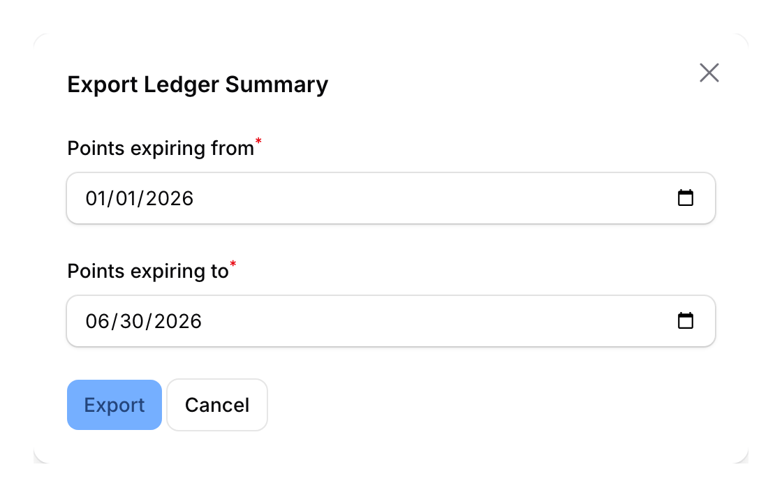 Export Ledger Summary window with Points expiring from and Points expiring to date fields and an Export button
