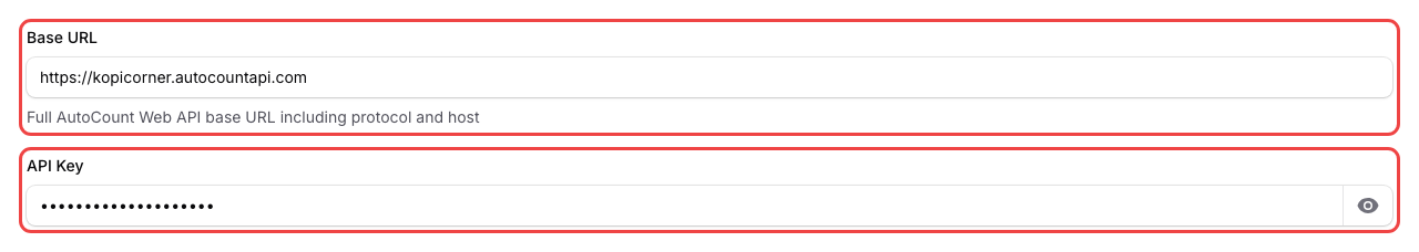 Step 2: The Base URL and API Key boxes filled in and highlighted
