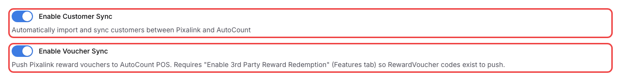 Step 4: The Enable Customer Sync and Enable Voucher Sync toggles switched on and highlighted