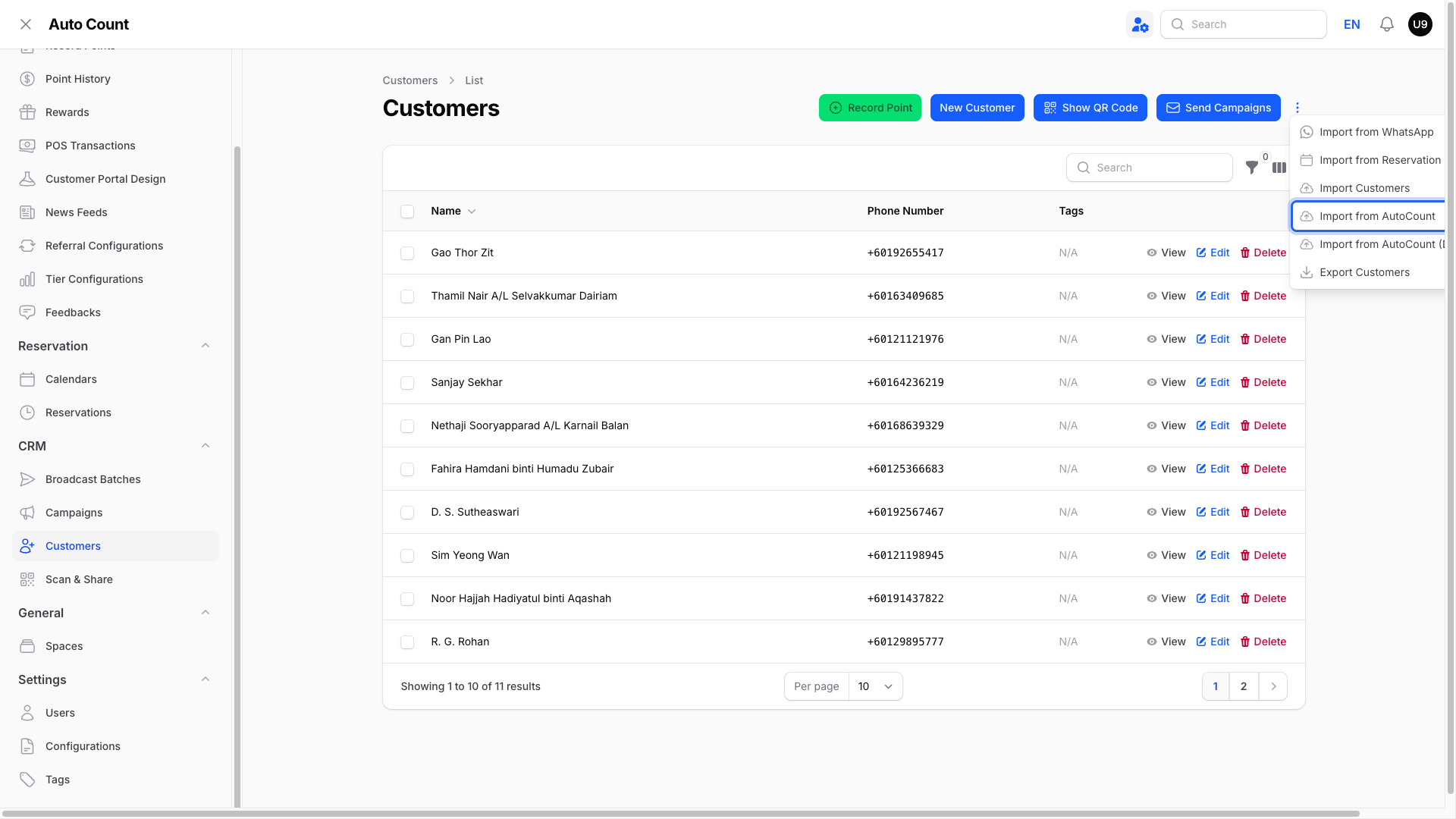 Step 2: The Actions menu open on the Customers page with Import from AutoCount highlighted
