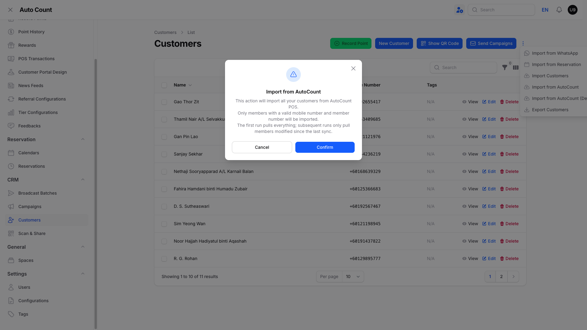 Step 3: The AutoCount import confirmation box explaining that only members with a member number and at least one phone number (mobile or office) are imported