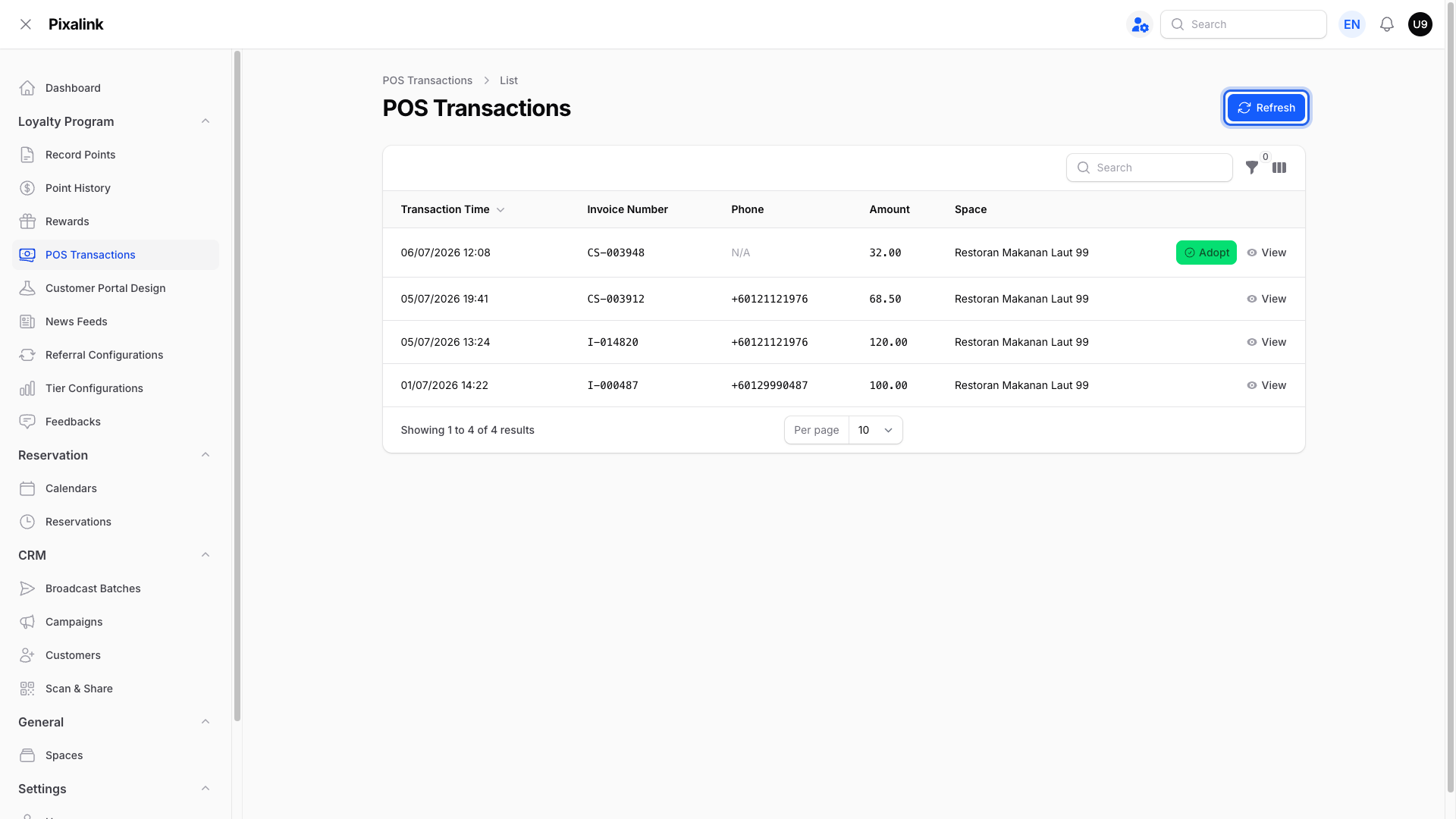 The POS Transactions list under Loyalty Program, showing paid AutoCount invoices and cash sales as rows with a Refresh button highlighted and an Adopt button on an unmatched cash sale