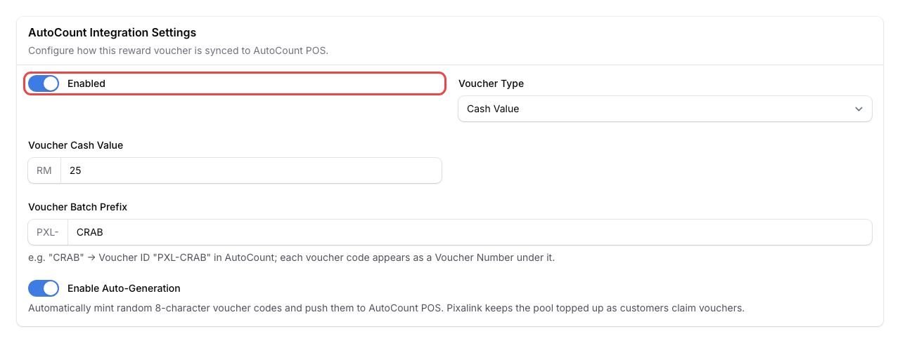 Step 2: The Enabled toggle switched on in the AutoCount Integration Settings section of the reward form, highlighted