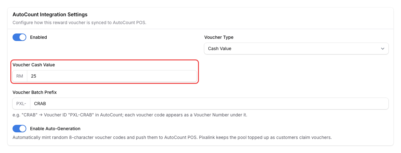 Step 3: The Voucher Cash Value field set to RM 25 in the AutoCount section, highlighted