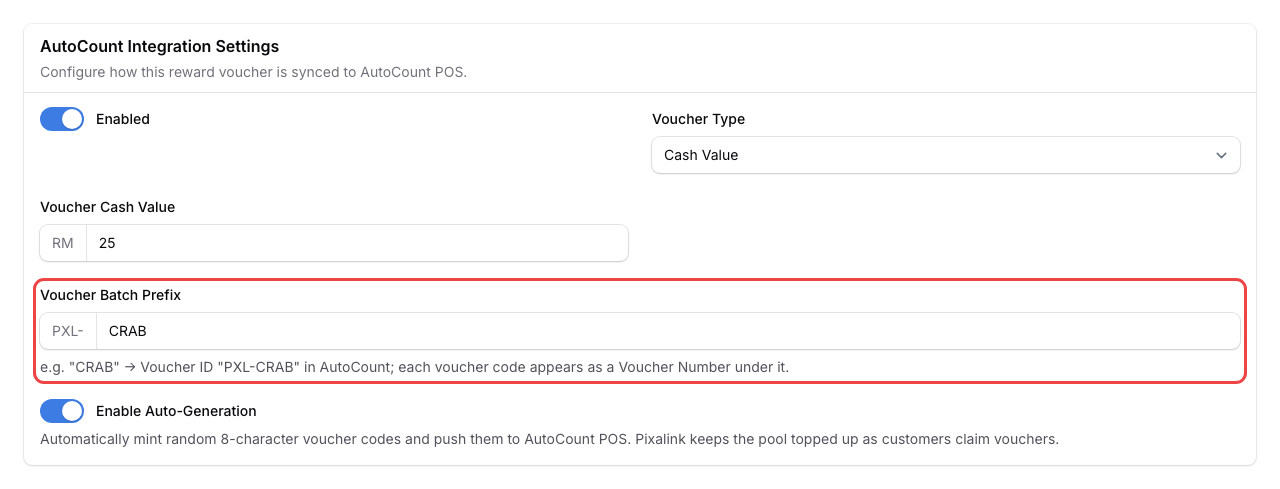 Step 4: The Voucher Batch Prefix field set to CRAB with the PXL- prefix shown, highlighted