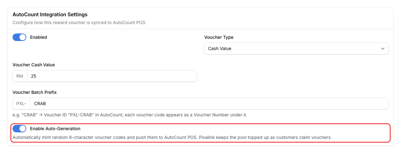Step 5: The Enable Auto-Generation toggle switched on in the AutoCount section, highlighted