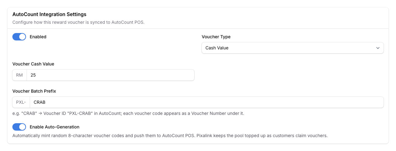 Step 6: The completed AutoCount Integration Settings section showing all voucher fields filled, ready to save