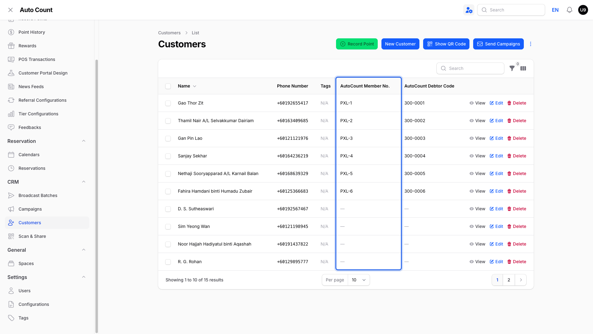 The Customers list in the admin panel with the AutoCount Member No. column highlighted, showing PXL member numbers synced from AutoCount next to each customer