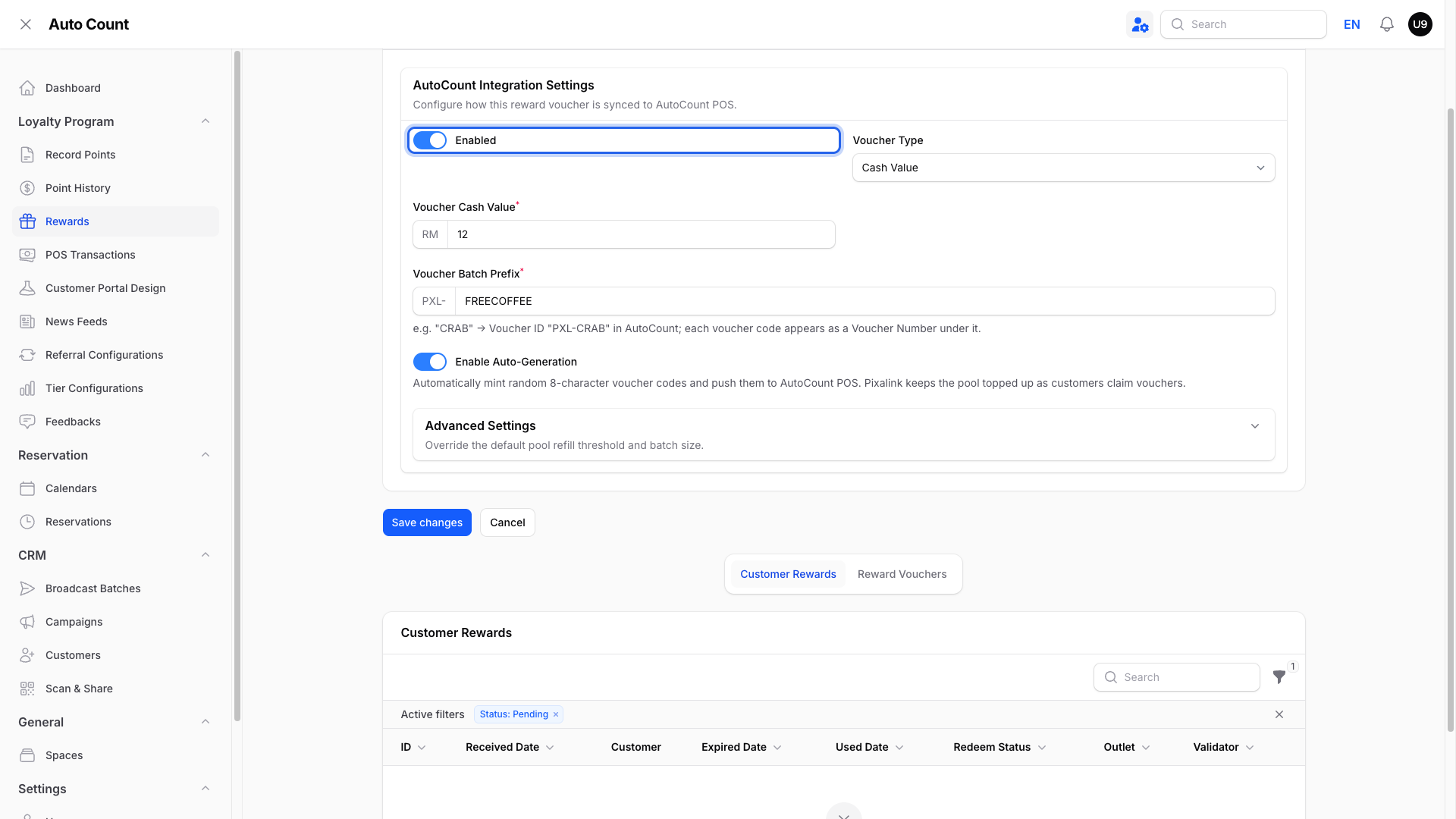 Step 2: The AutoCount Integration Settings section on a reward, with the Enabled toggle switched on and highlighted