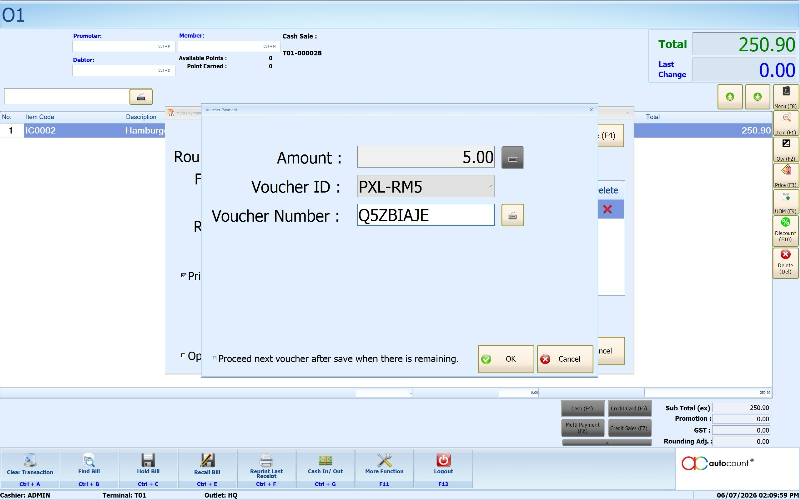 AutoCount POS Voucher Payment dialog showing a Pixalink voucher being redeemed at the counter: Amount 5.00, Voucher ID PXL-RM5, Voucher Number Q5ZBIAJE