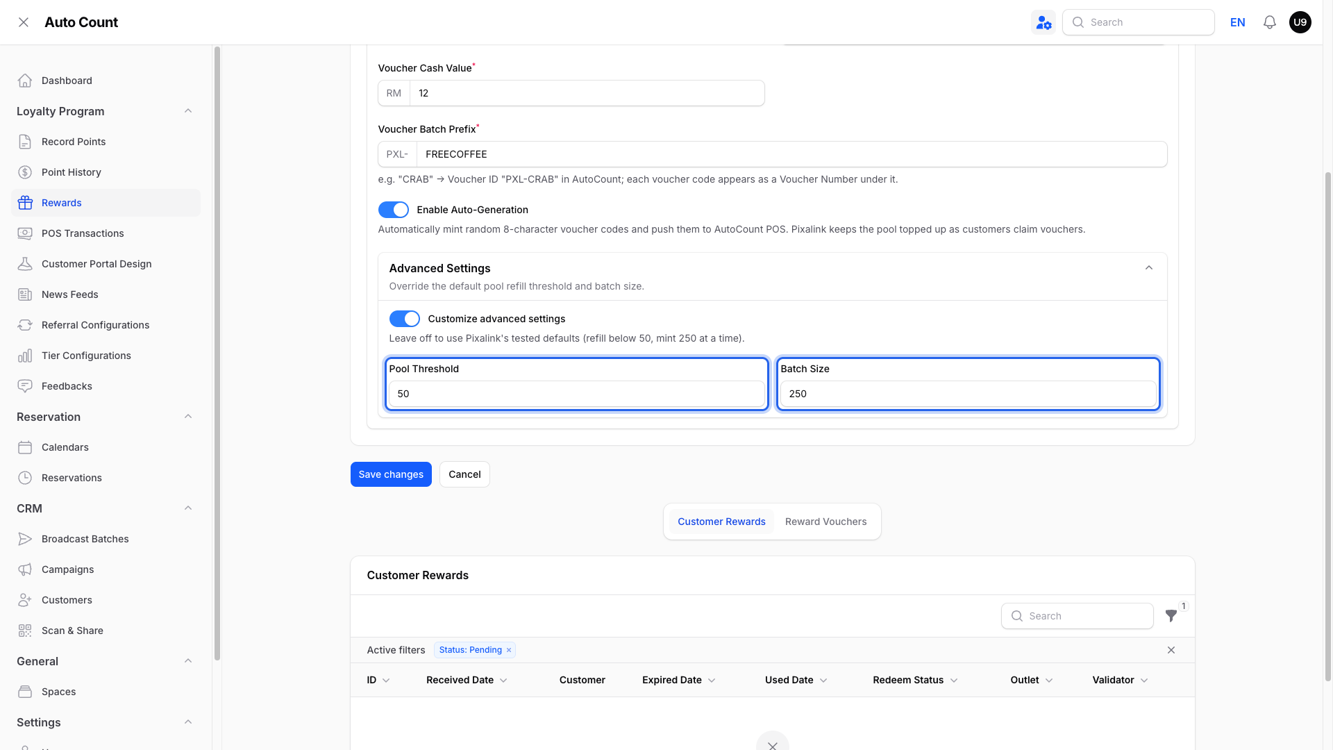 Step 6: The Advanced Settings panel with Customize advanced settings switched on, and the two refill fields highlighted