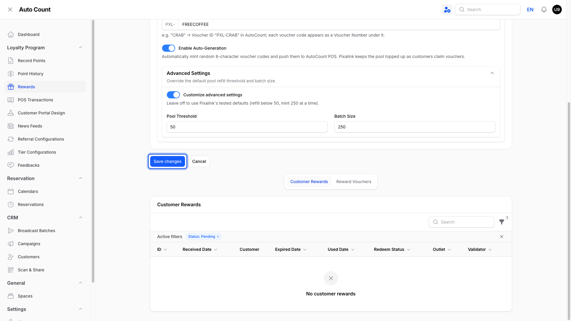 Step 7: The Save changes button highlighted below the AutoCount voucher settings