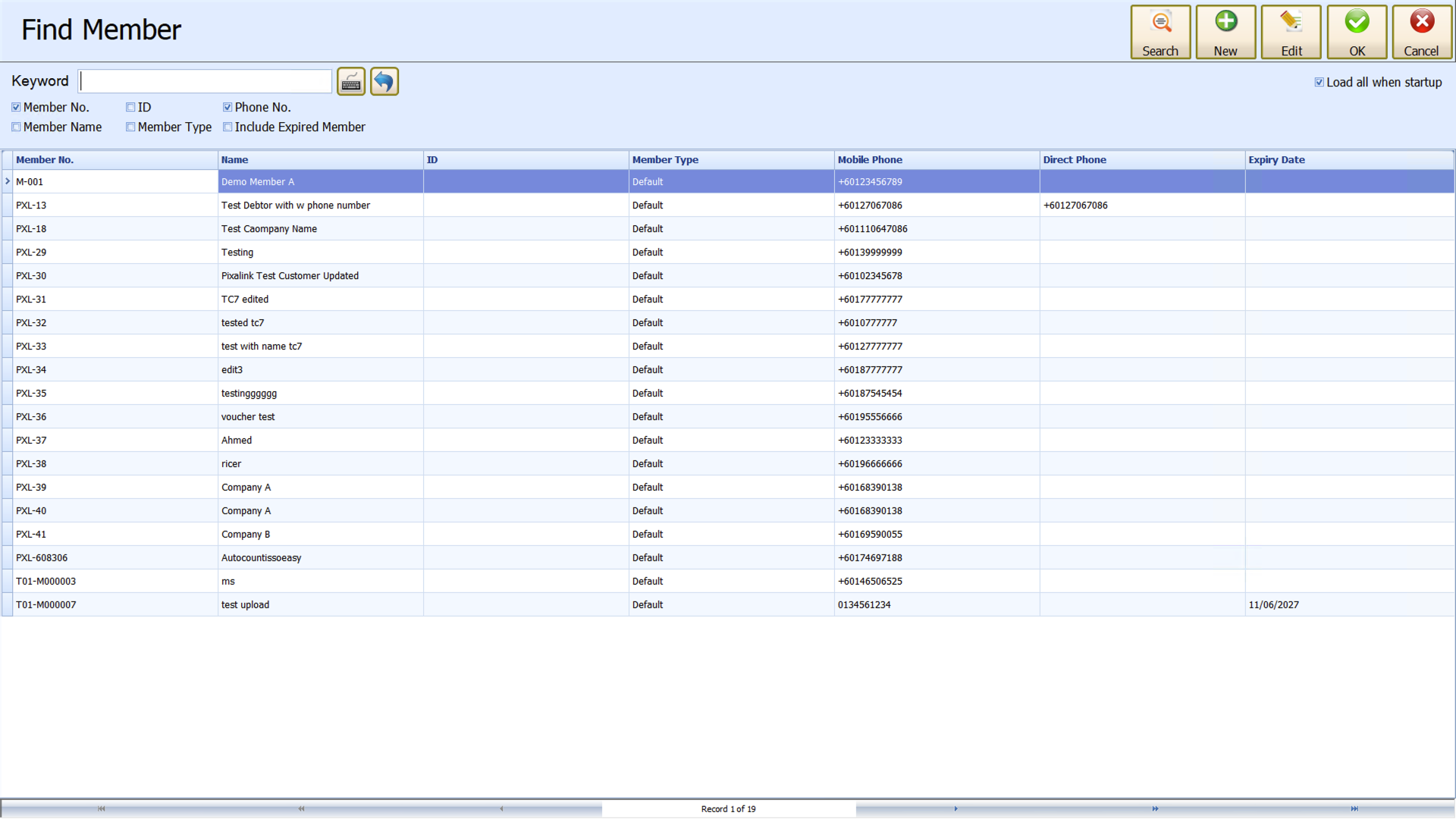 AutoCount POS Find Member list showing member numbers such as PXL-13, PXL-18, PXL-608306 written by Pixalink, with Mobile Phone and Direct Phone columns