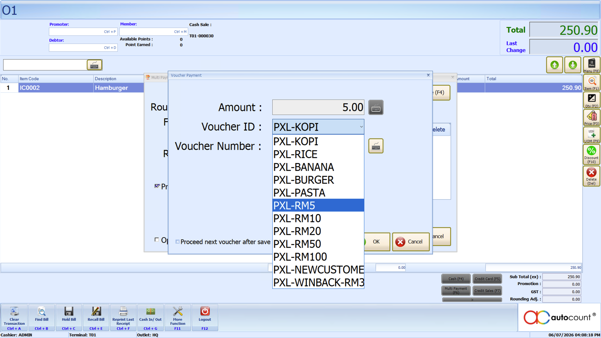 AutoCount POS Voucher Payment dialog with the Voucher ID dropdown open, listing Pixalink voucher batches such as PXL-KOPI, PXL-RM5, PXL-RM10 and PXL-NEWCUSTOMER