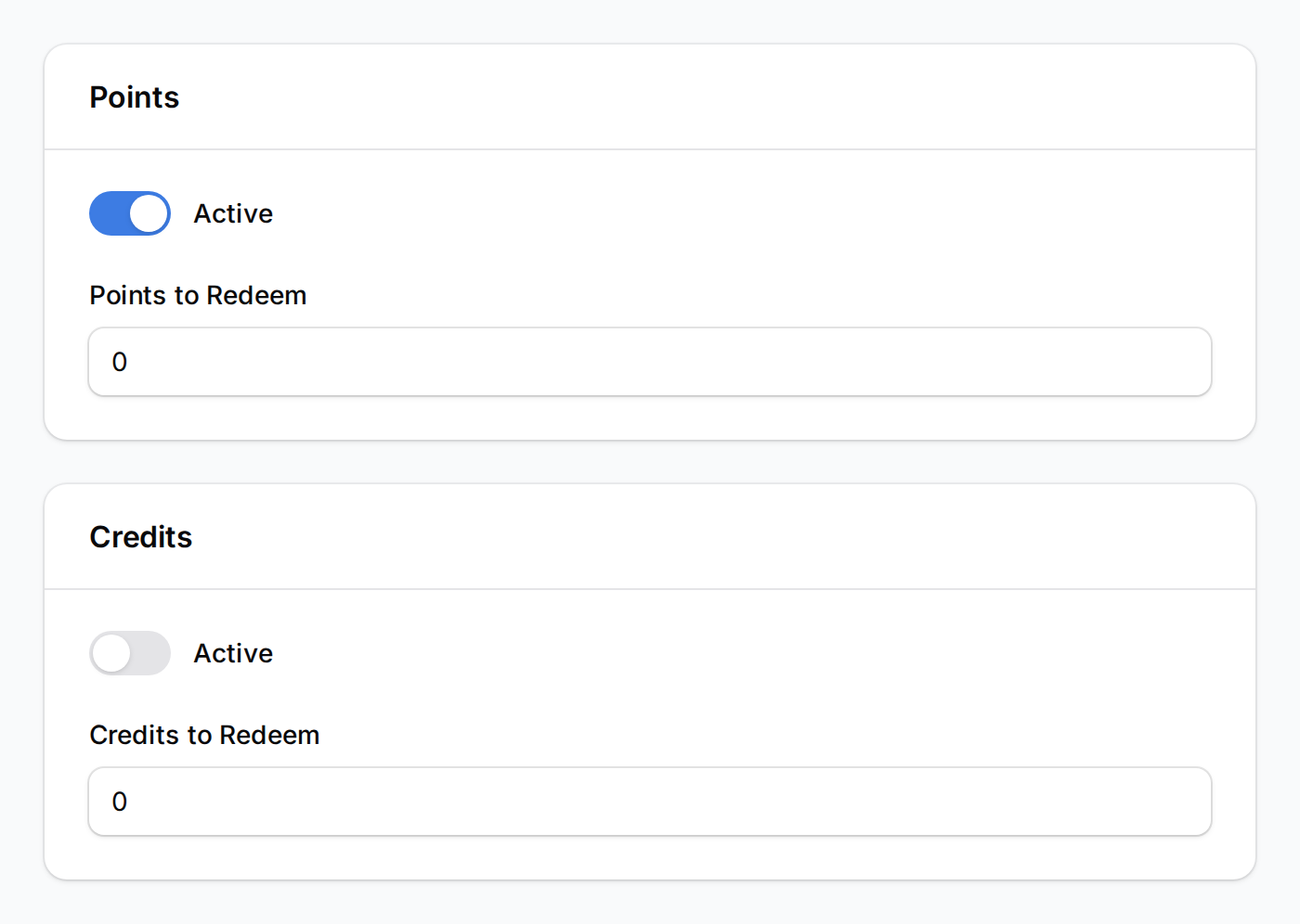 Points section showing Points to Redeem set to 0, Credits section showing Credits to Redeem set to 0