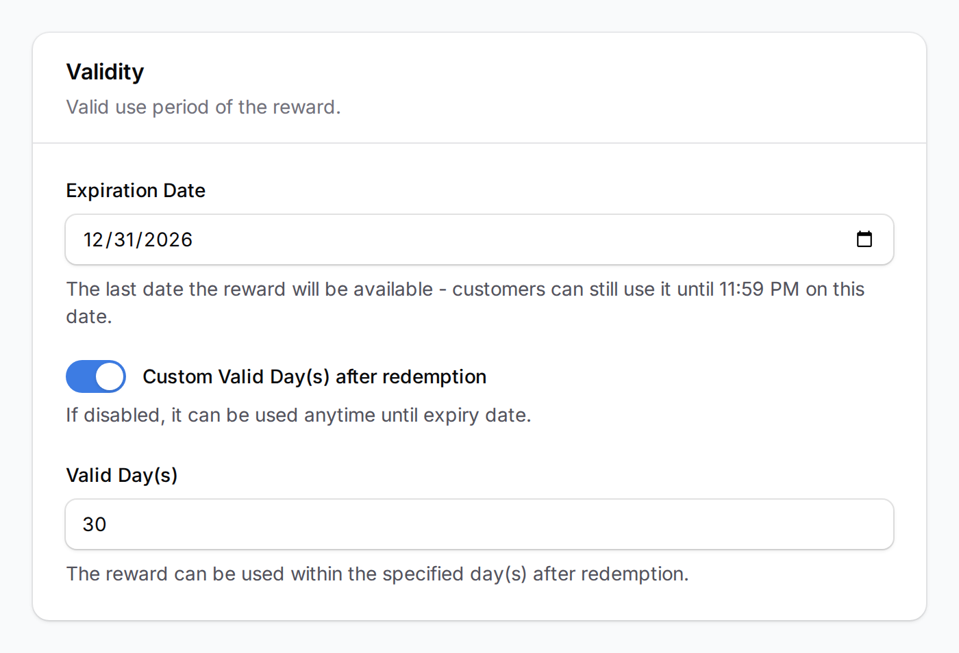 Validity section showing Expiration Date and Custom Valid Days after redemption fields