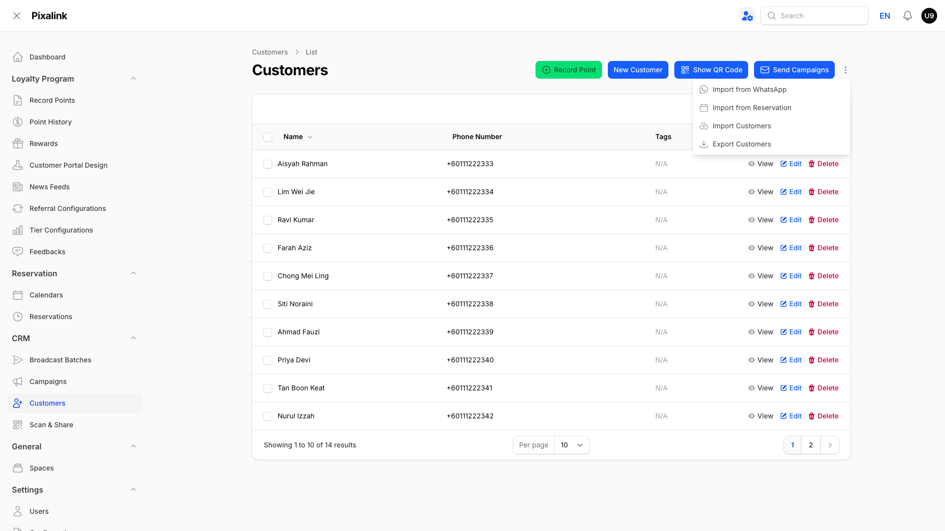 Step 2: The kebab menu open at the top right of the Customers page with Import Customers highlighted