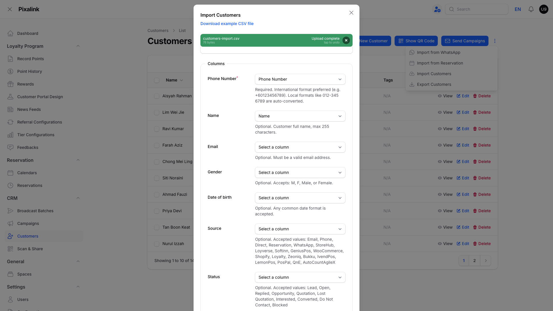 Step 3: The Import Customers column-mapping modal showing Phone Number as the only required field, with no Points column