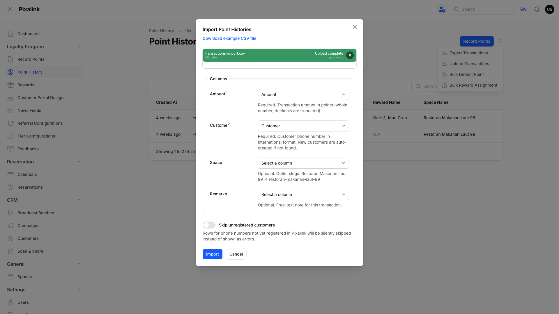 Step 5: The Import Point Histories modal with the Amount and Customer columns mapped to CSV headers