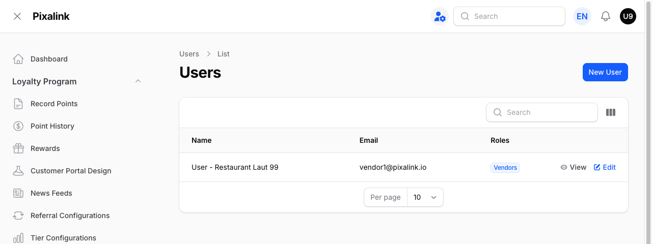 Users table under Settings showing a team member's name, email, and Vendors role